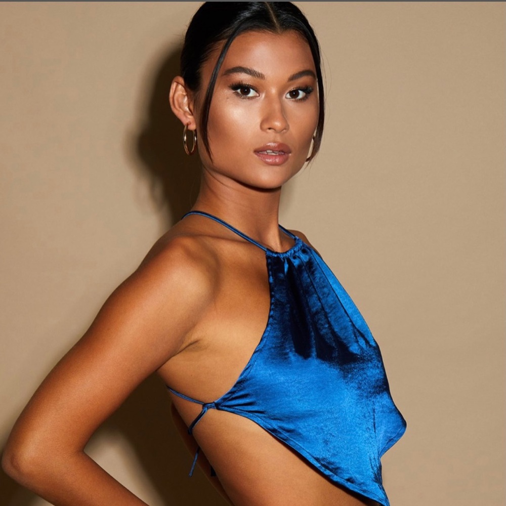 Motel rocks blue satin diamond halter top